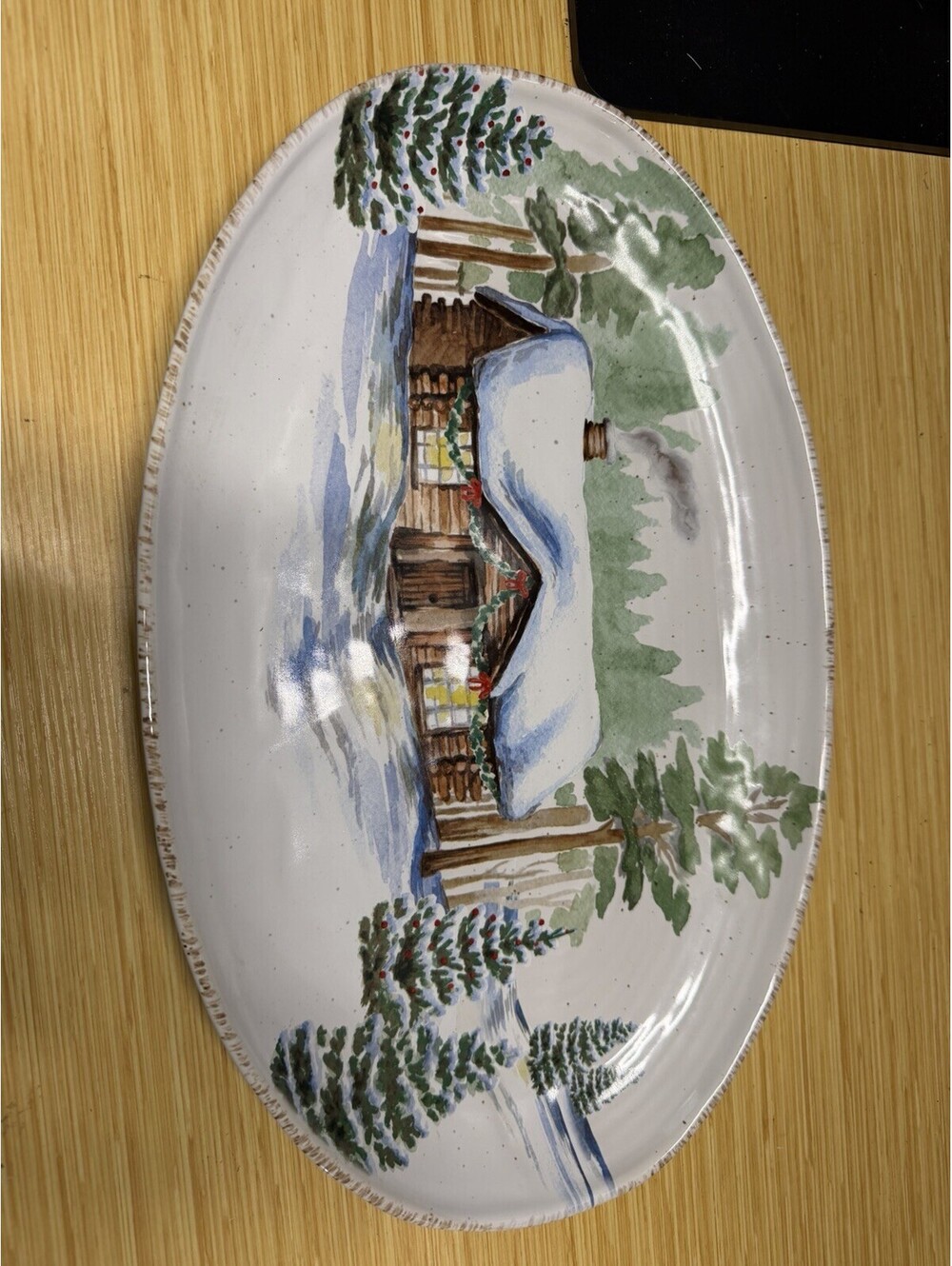 St. Nicholas Square Winter White Oval Log Cabin Woods 17" Platter VTG